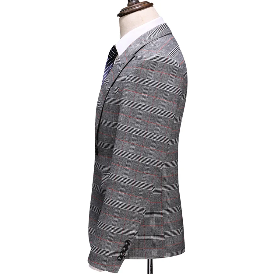 ( Blazer + Vest + Pants ) 2023 New Light Grey Retro Plaid Suit Mens Business Wedding Party 3 Pieces Men Formal Work Dress Suit