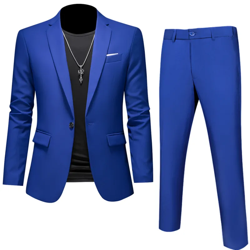6XL-M (Blazer+Pants) High Quality Business Solid Color Slim Fit Suits 2 Pieces Men's Groom Wedding Social Tuxedos Set 16 Colour