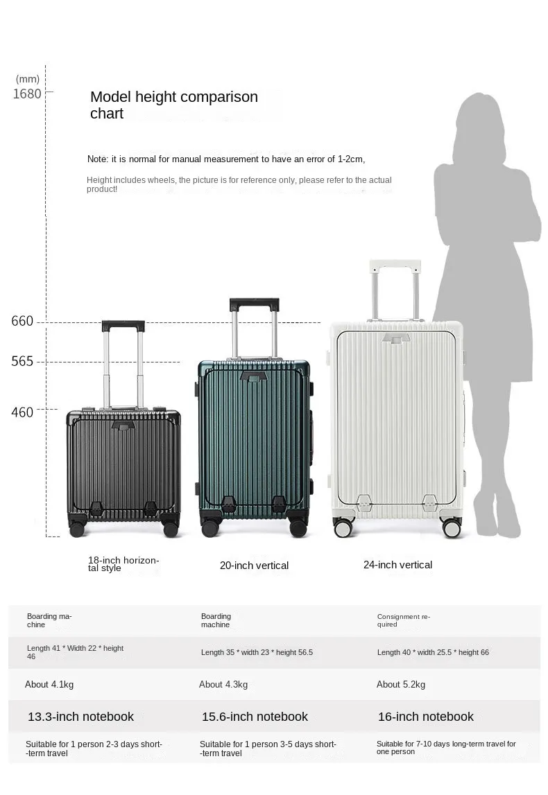 Luggage Front Opening New 18 20 24-Inch USB Suitcase On Wheel Unisex Carry-on Aluminum Trolley Carrier Travel Bag Waterproof