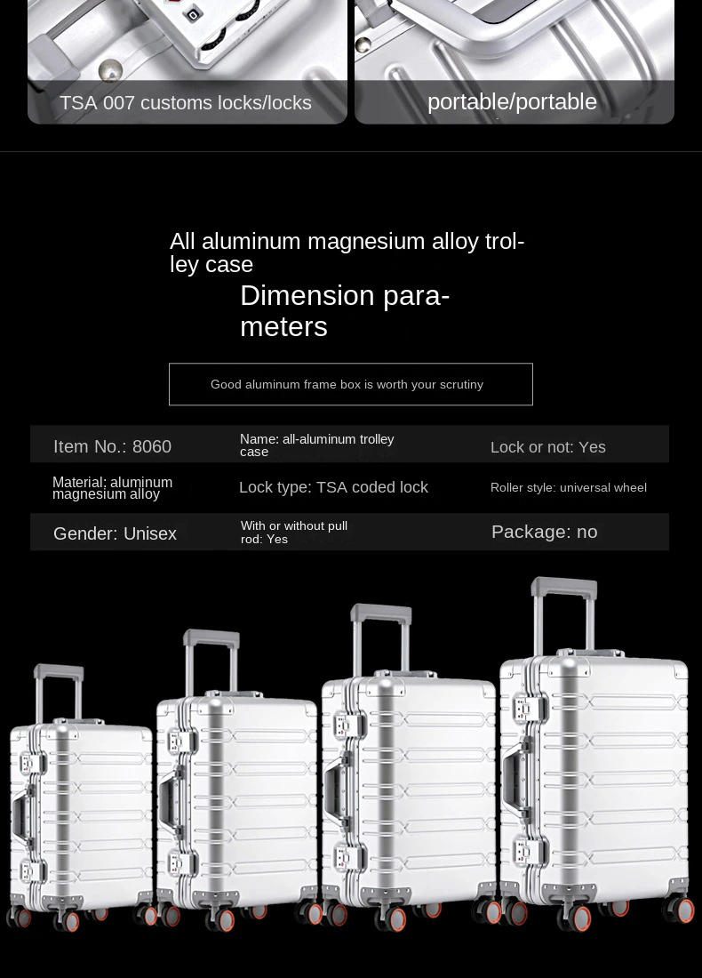 100% Aluminum-magnesium alloy Travel Suitcase Rolling Luggage 20/24/29 inch Trolley Luggage Carry-On Cabin Suitcase