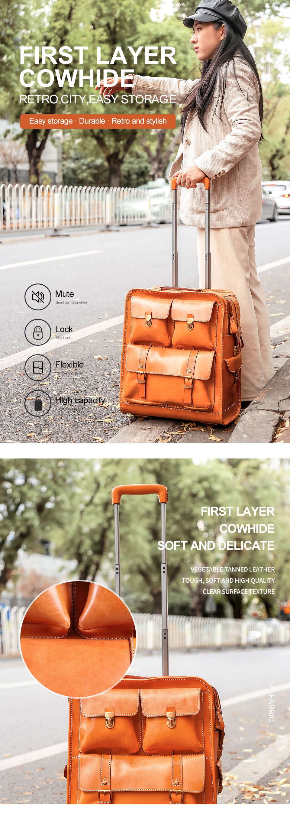 Genuine Leather Luggage Classic Suitcase on Wheels 22inch Luxury Trolley bag Travel Business for Men Women