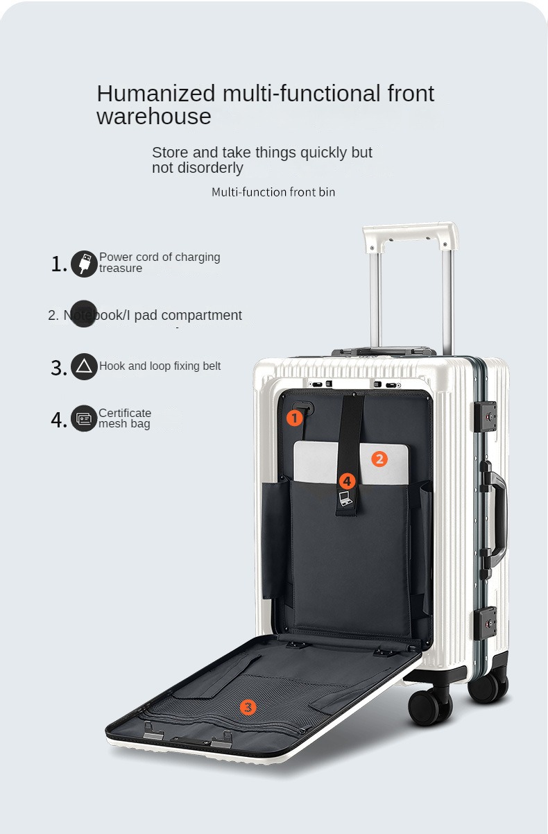 Luggage Front Opening New 18 20 24-Inch USB Suitcase On Wheel Unisex Carry-on Aluminum Trolley Carrier Travel Bag Waterproof