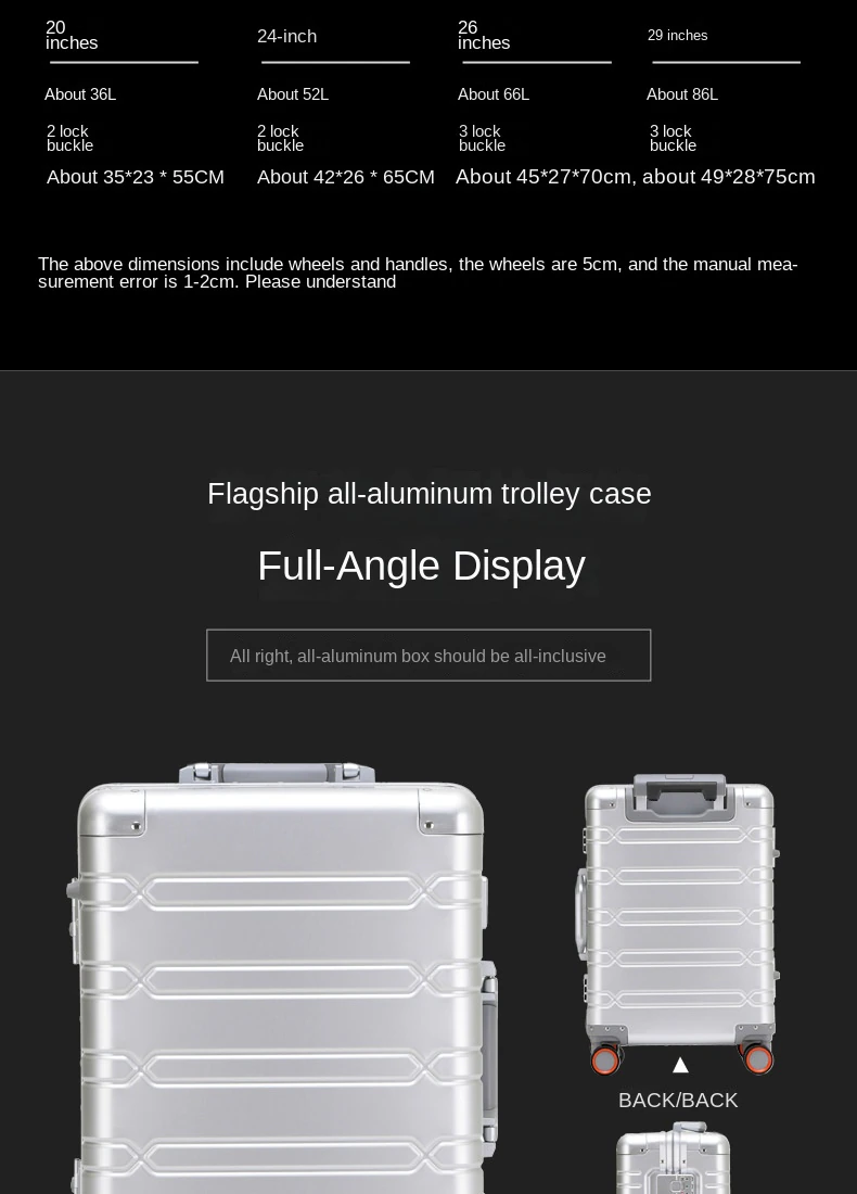 100% Aluminum-magnesium alloy Travel Suitcase Rolling Luggage 20/24/29 inch Trolley Luggage Carry-On Cabin Suitcase