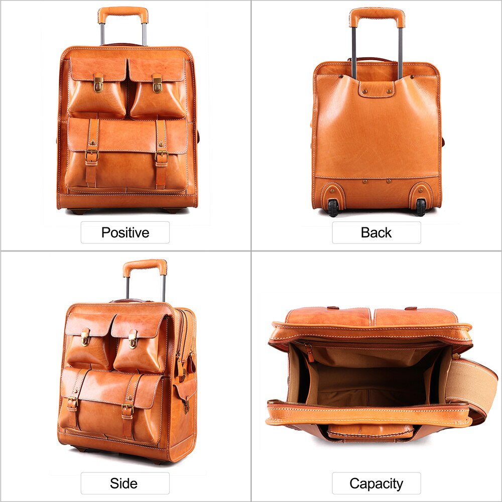 Genuine Leather Luggage Classic Suitcase on Wheels 22inch Luxury Trolley bag Travel Business for Men Women