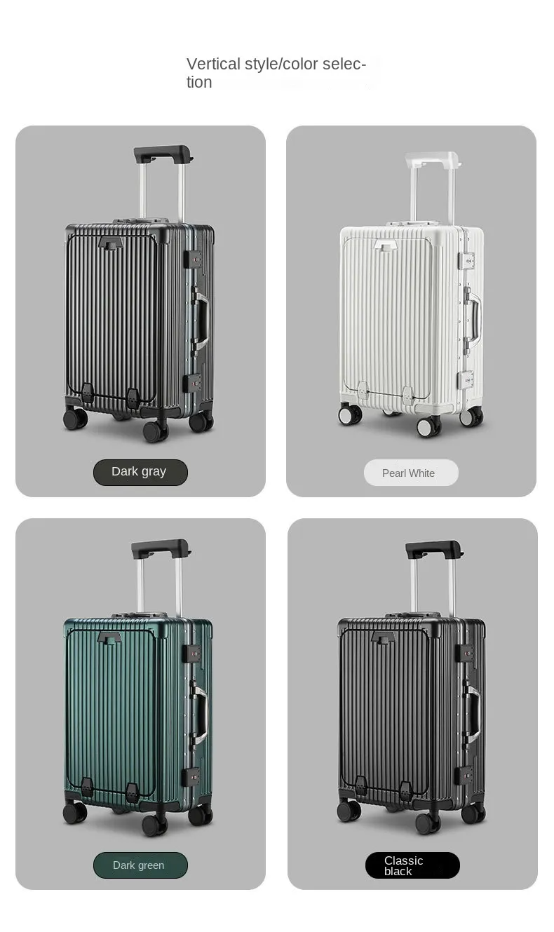 Luggage Front Opening New 18 20 24-Inch USB Suitcase On Wheel Unisex Carry-on Aluminum Trolley Carrier Travel Bag Waterproof