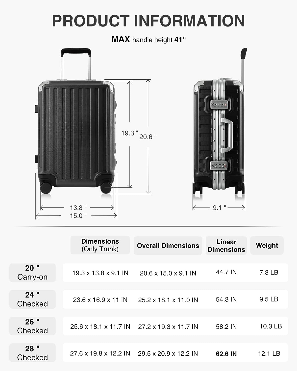 Luggage Sets 2 Piece with Aluminum Frame Suitcase with Spinner Wheels 4 Metal Corner Hassle-Free Travel