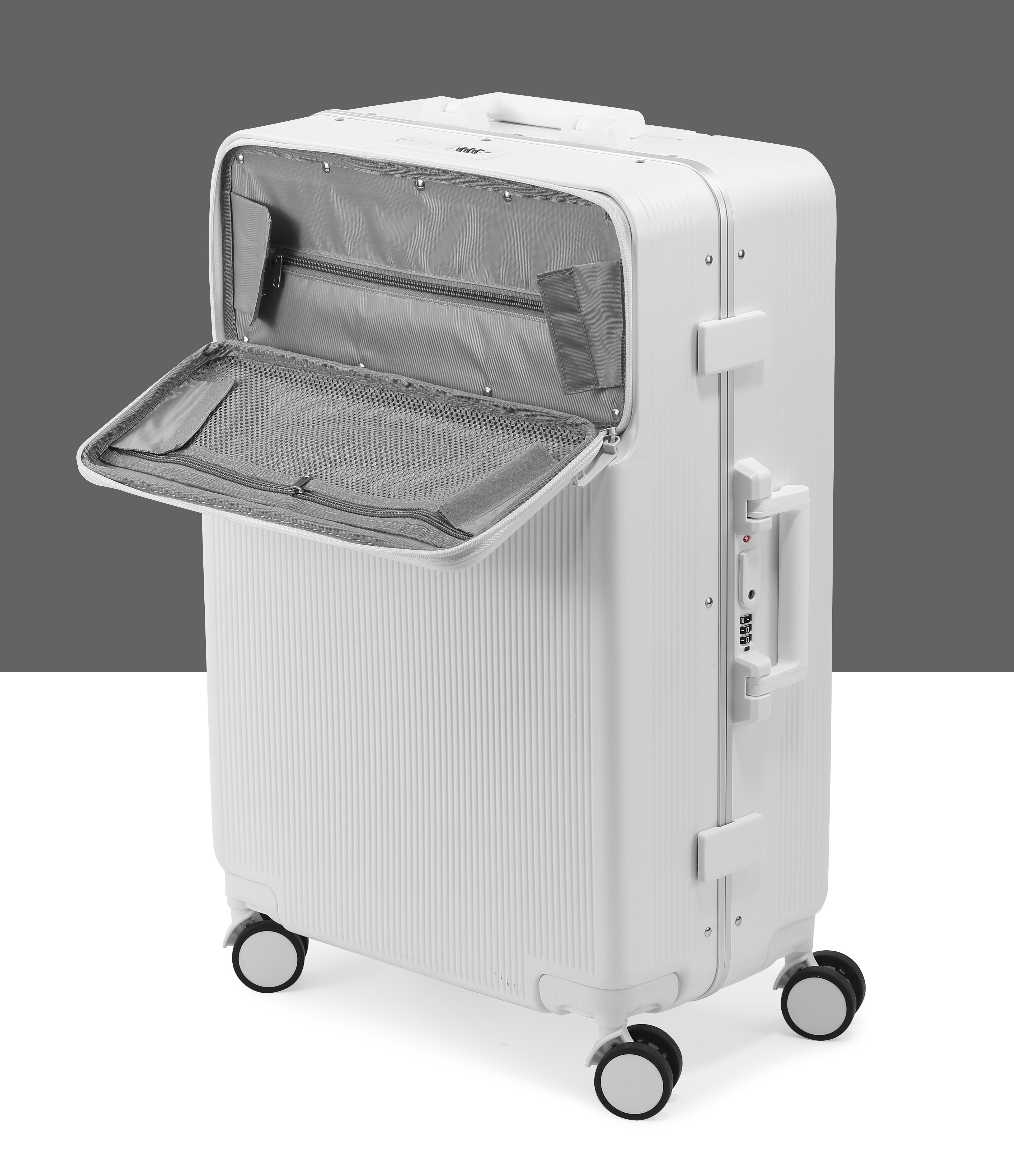KANGSHILU 2024 New Front Opening Aluminium Frame Luggage Universal Wheel Trolley Case Cup Holder Travel Suitcase With Wheels