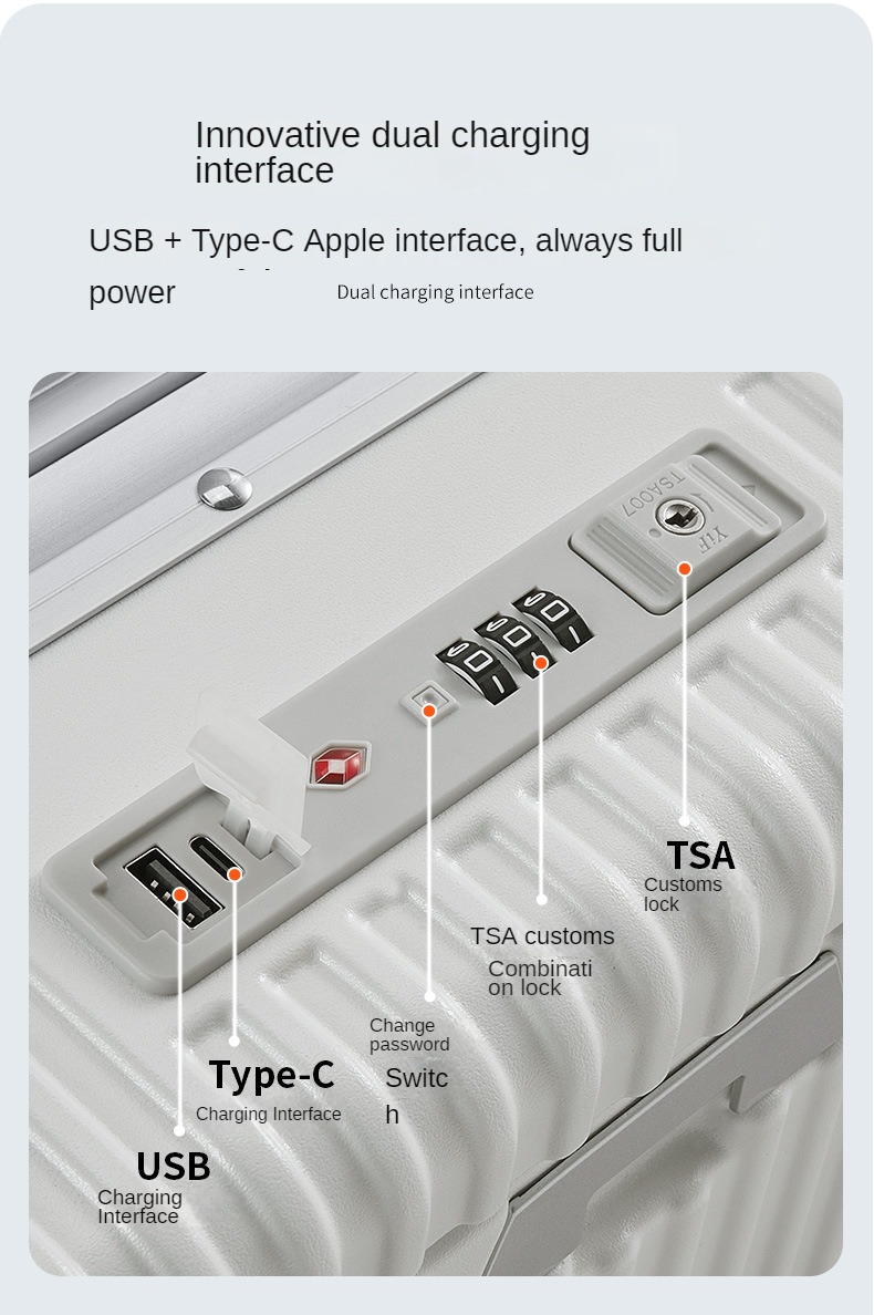 Luggage Front Opening New 18 20 24-Inch USB Suitcase On Wheel Unisex Carry-on Aluminum Trolley Carrier Travel Bag Waterproof