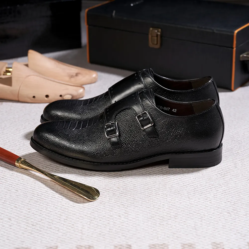 Classic Mens Double Buckle Monk Strap Snake Print Dress Shoes for Men Genuine Leather Wingtip Office Wedding Party Formal Shoes
