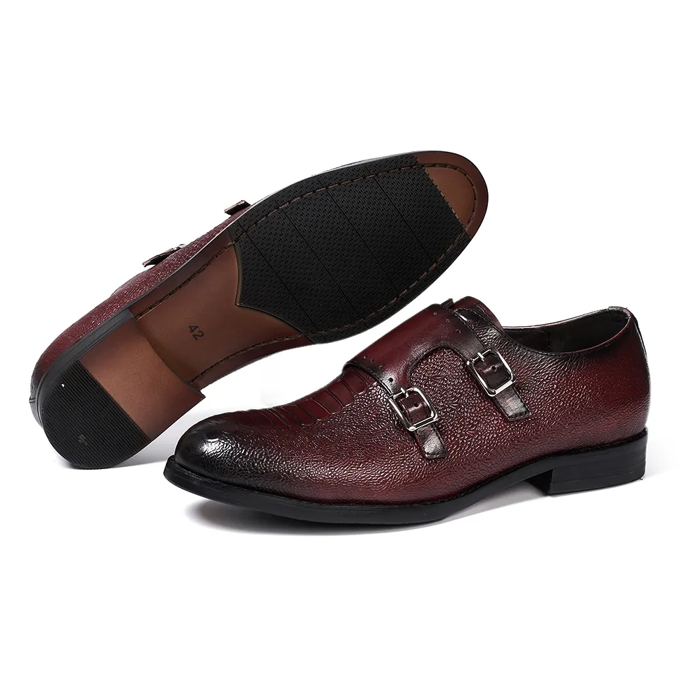 Classic Mens Double Buckle Monk Strap Snake Print Dress Shoes for Men Genuine Leather Wingtip Office Wedding Party Formal Shoes