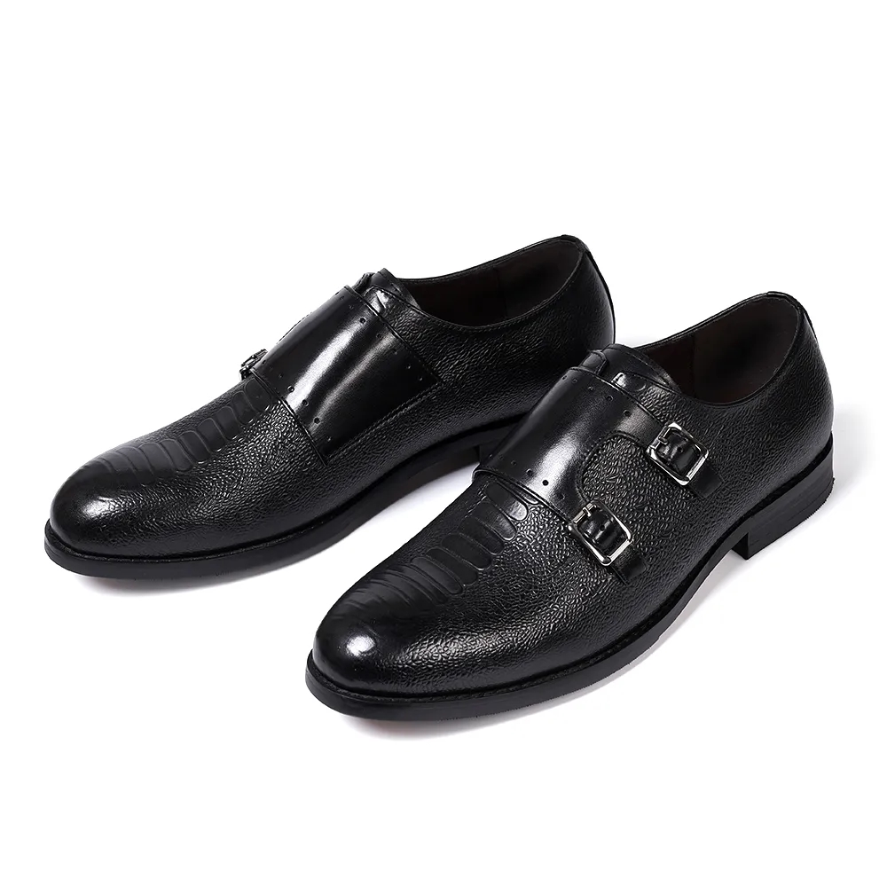 Classic Mens Double Buckle Monk Strap Snake Print Dress Shoes for Men Genuine Leather Wingtip Office Wedding Party Formal Shoes