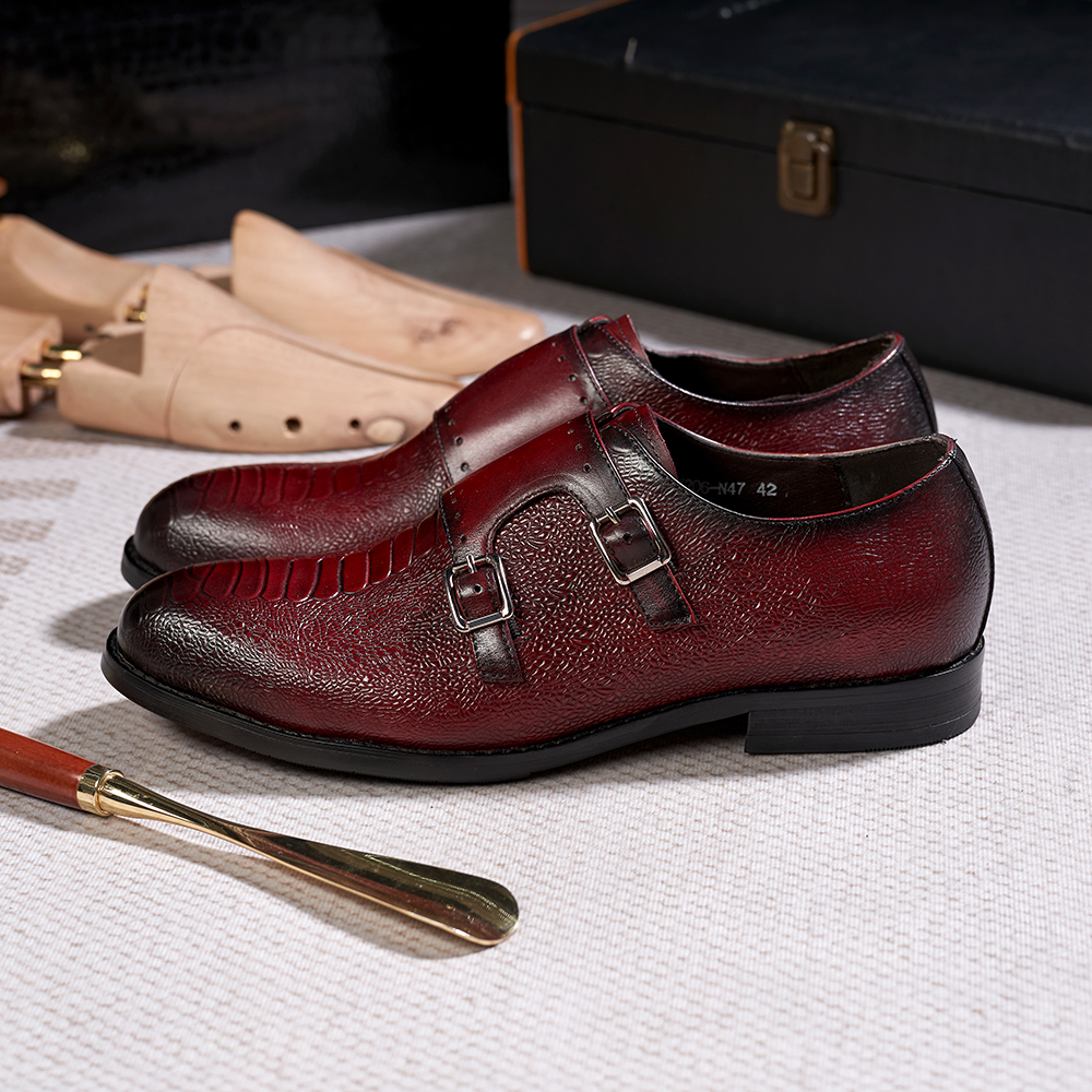 Classic Mens Double Buckle Monk Strap Snake Print Dress Shoes for Men Genuine Leather Wingtip Office Wedding Party Formal Shoes
