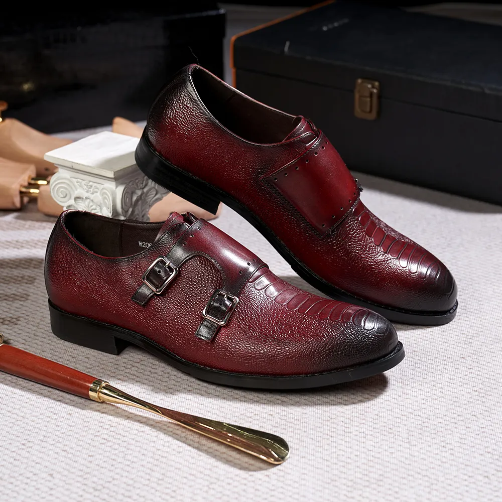 Classic Mens Double Buckle Monk Strap Snake Print Dress Shoes for Men Genuine Leather Wingtip Office Wedding Party Formal Shoes