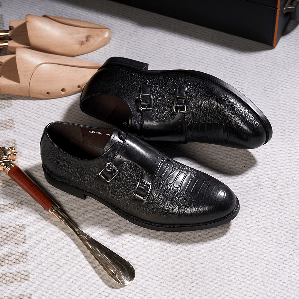 Classic Men's Double Buckle Monk Strap Snake Print Dress Shoes for Men Genuine Leather Wingtip Office Wedding Party Formal Shoes