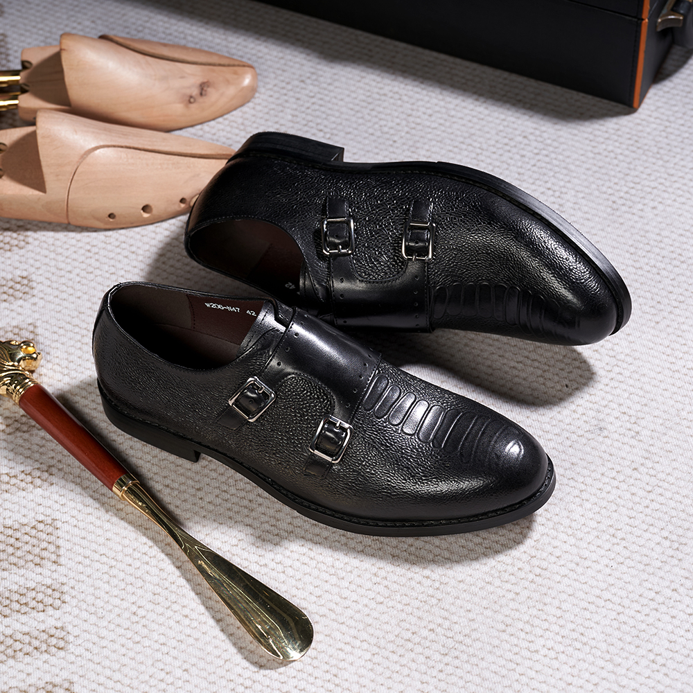 Classic Mens Double Buckle Monk Strap Snake Print Dress Shoes for Men Genuine Leather Wingtip Office Wedding Party Formal Shoes