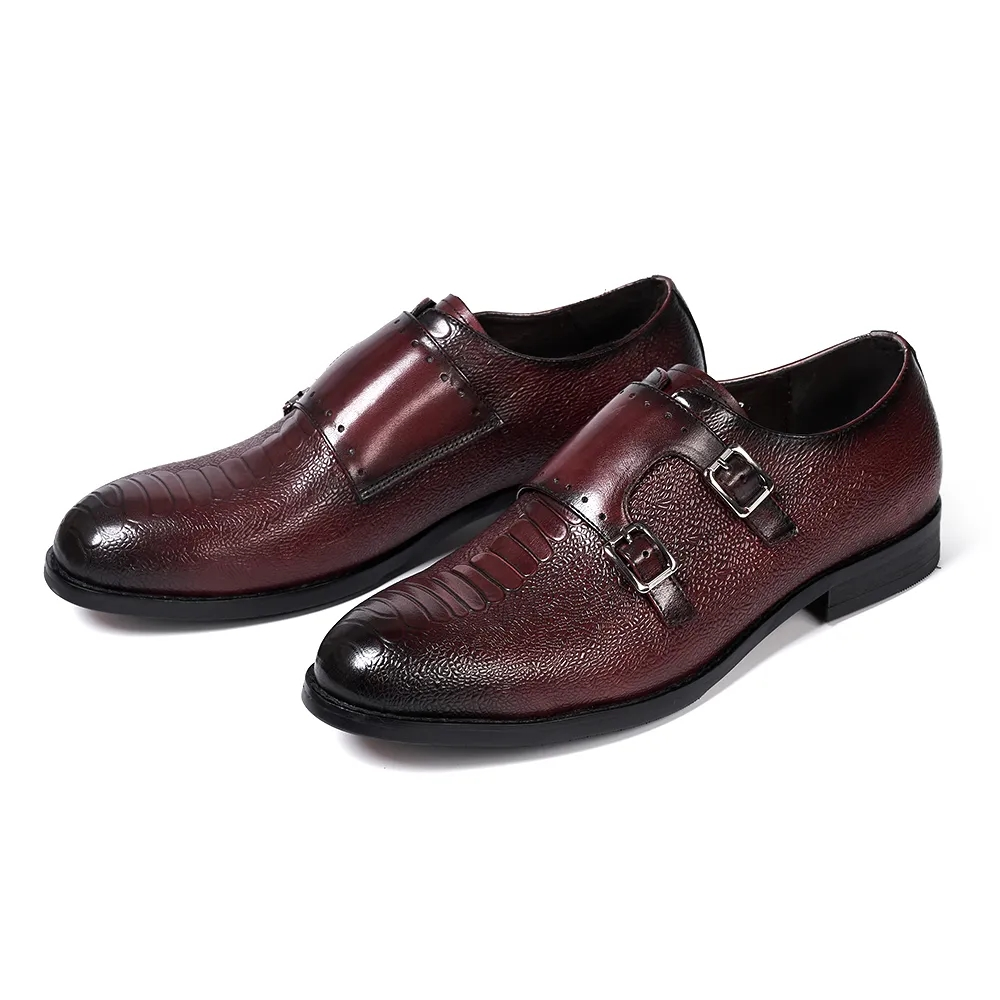 Classic Mens Double Buckle Monk Strap Snake Print Dress Shoes for Men Genuine Leather Wingtip Office Wedding Party Formal Shoes