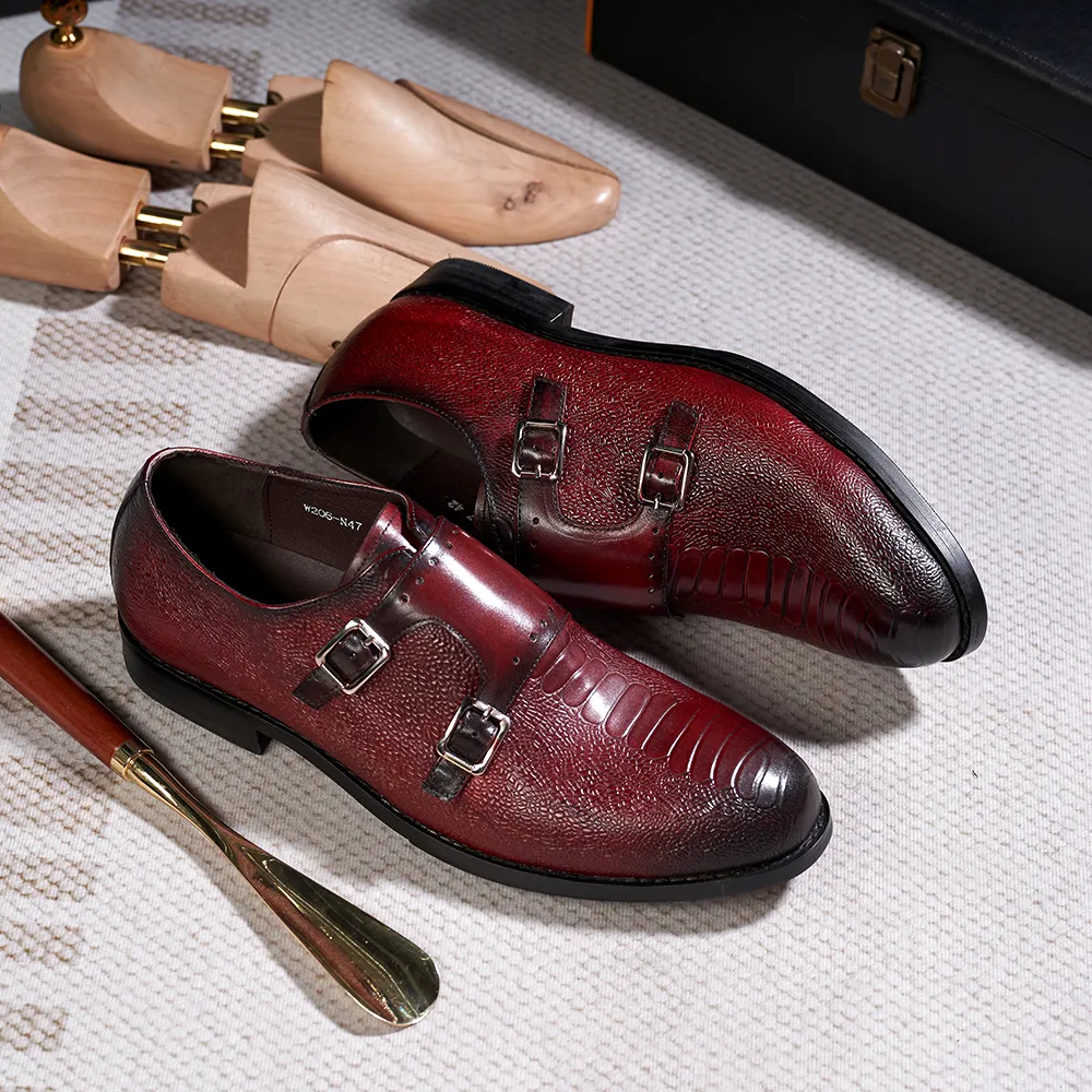 Classic Mens Double Buckle Monk Strap Snake Print Dress Shoes for Men Genuine Leather Wingtip Office Wedding Party Formal Shoes