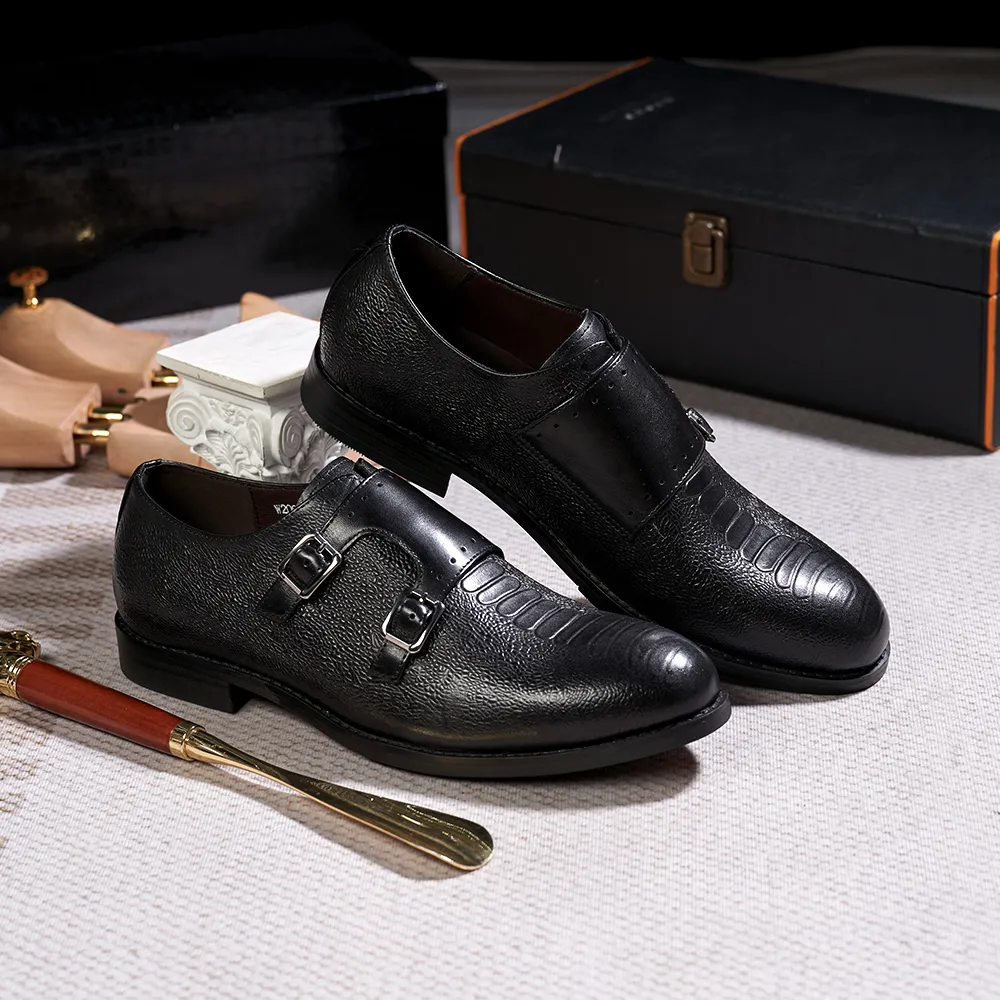 Classic Mens Double Buckle Monk Strap Snake Print Dress Shoes for Men Genuine Leather Wingtip Office Wedding Party Formal Shoes