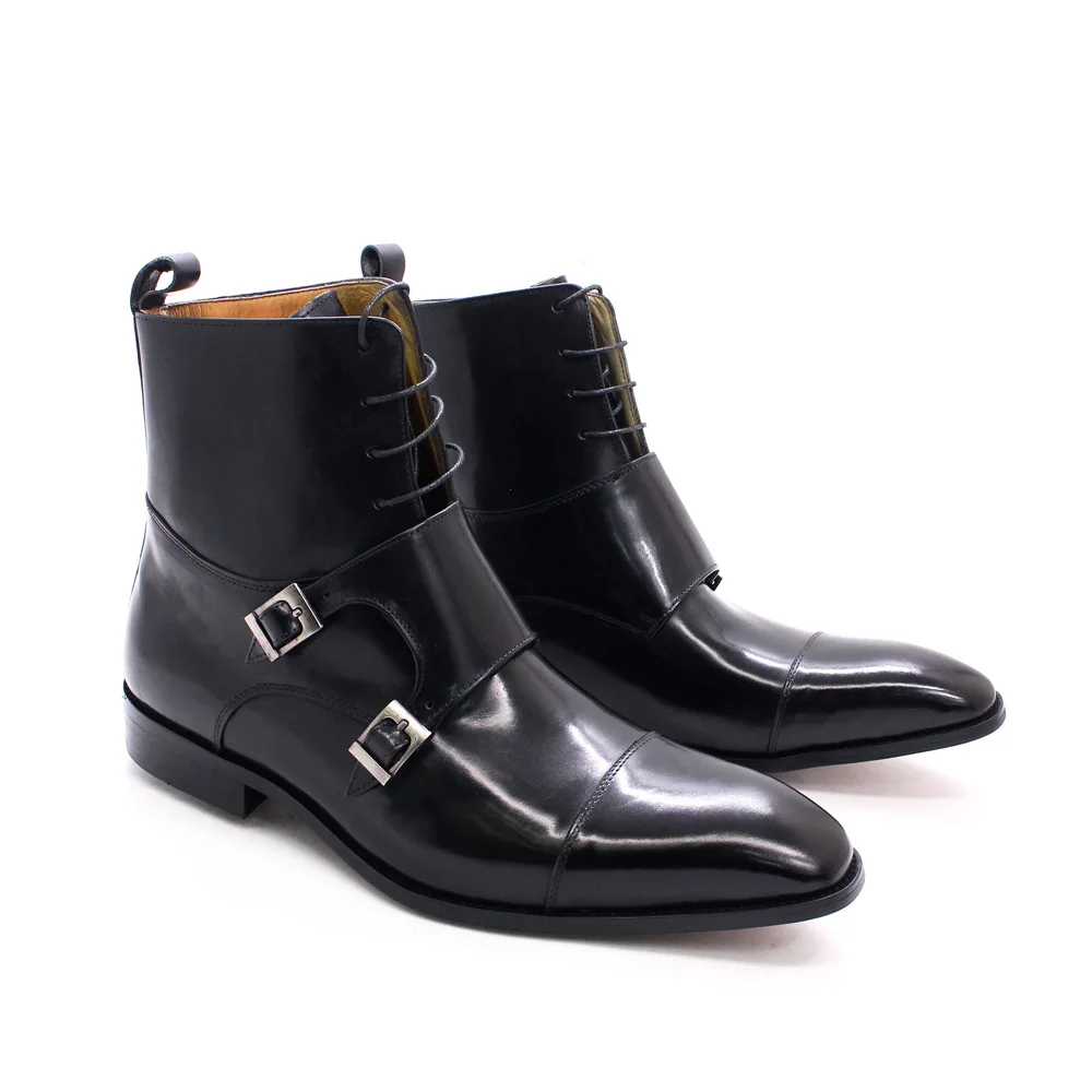 British Style Mens Winter Boots Genuine Calfskin Leather High Top Cap Toe Cowboy Boots Buckle Monk Strap Lace Up Shoes for Men