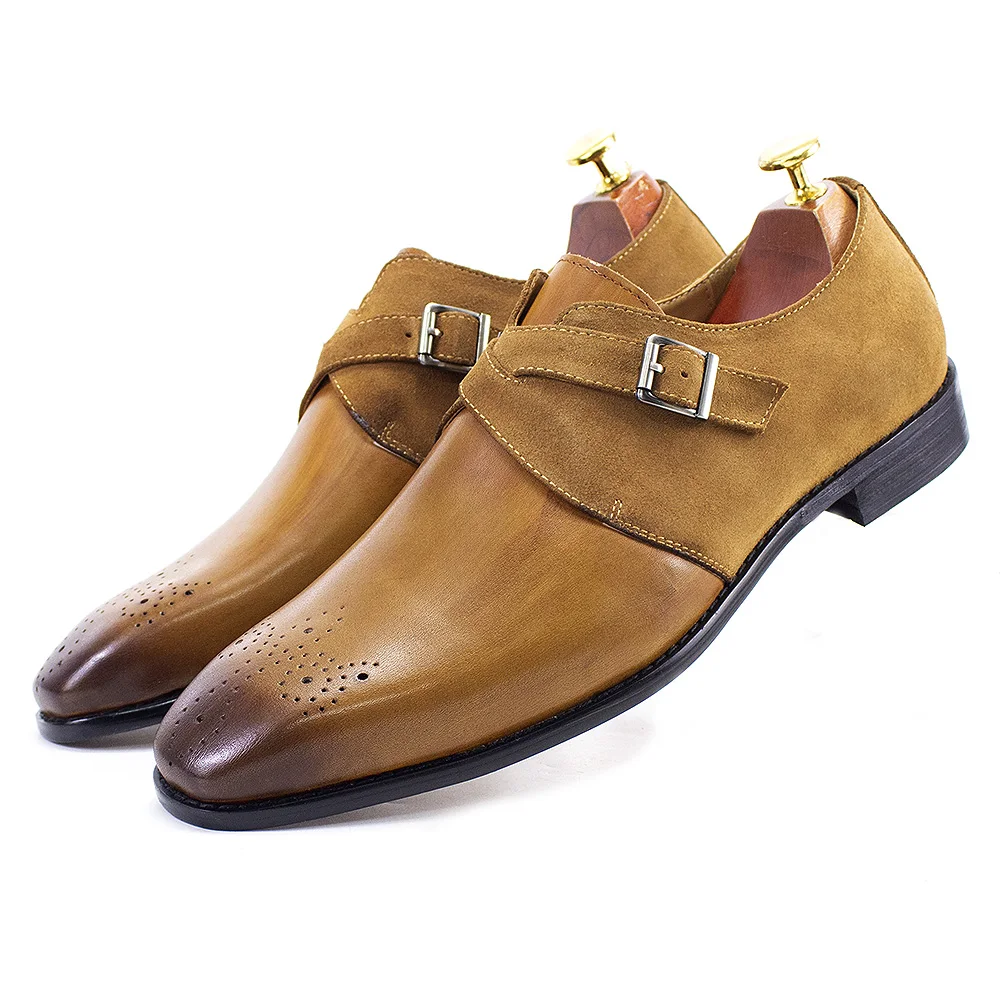 FELIX CHU Classic Brand Design Mens Monk Strap Formal Shoes Buckle Oxford Brogue Genuine Leather Suede Wedding Dress Shoes Men