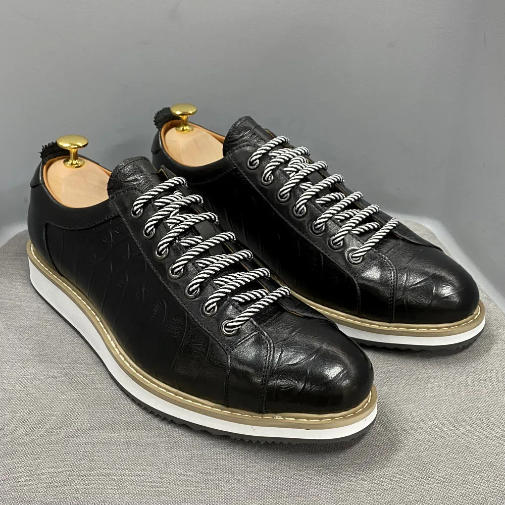 European Style Mens Casual Shoes Real Cow Leather Green Black Fashion Designer Luxury Crocodile Print Street Flat Shoes for Men