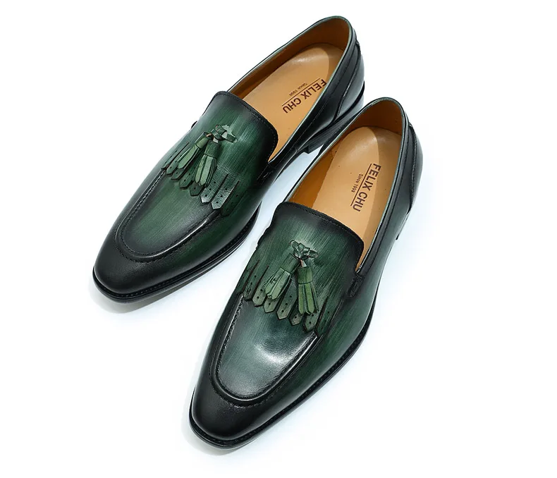 FELIX CHU Autumn Genuine Leather Handmade Black Green Mens Loafers With Tassel Man Dress Shoes Wedding Moccasin Party Footwear