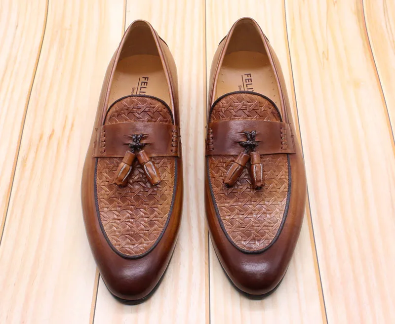 FELIX CHU Mens Tassel Loafers Genuine Leather Luxury Italian Fashion Slip on Dress Shoes Party Wedding Casual Shoes for Men