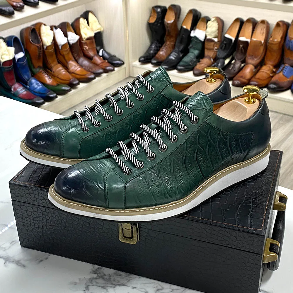 European Style Mens Casual Shoes Real Cow Leather Green Black Fashion Designer Luxury Crocodile Print Street Flat Shoes for Men