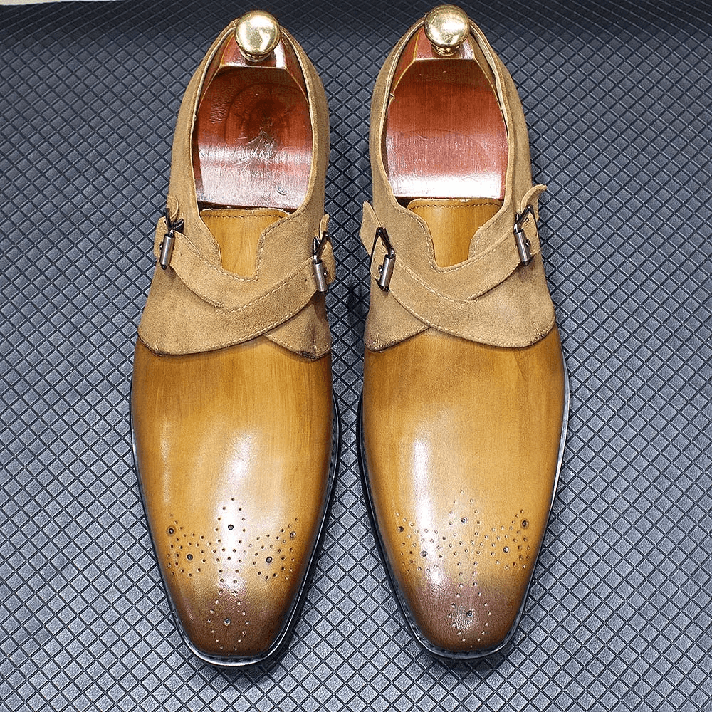FELIX CHU Classic Brand Design Mens Monk Strap Formal Shoes Buckle Oxford Brogue Genuine Leather Suede Wedding Dress Shoes Men