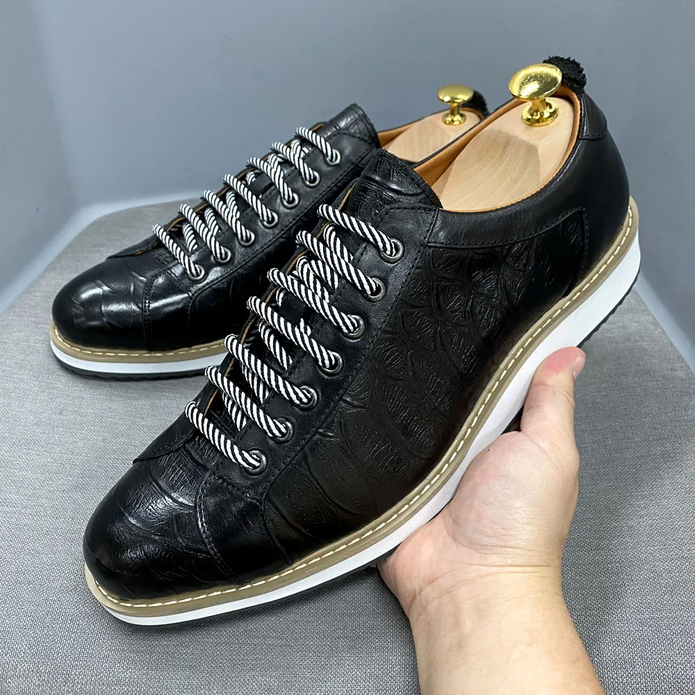 European Style Mens Casual Shoes Real Cow Leather Green Black Fashion Designer Luxury Crocodile Print Street Flat Shoes for Men