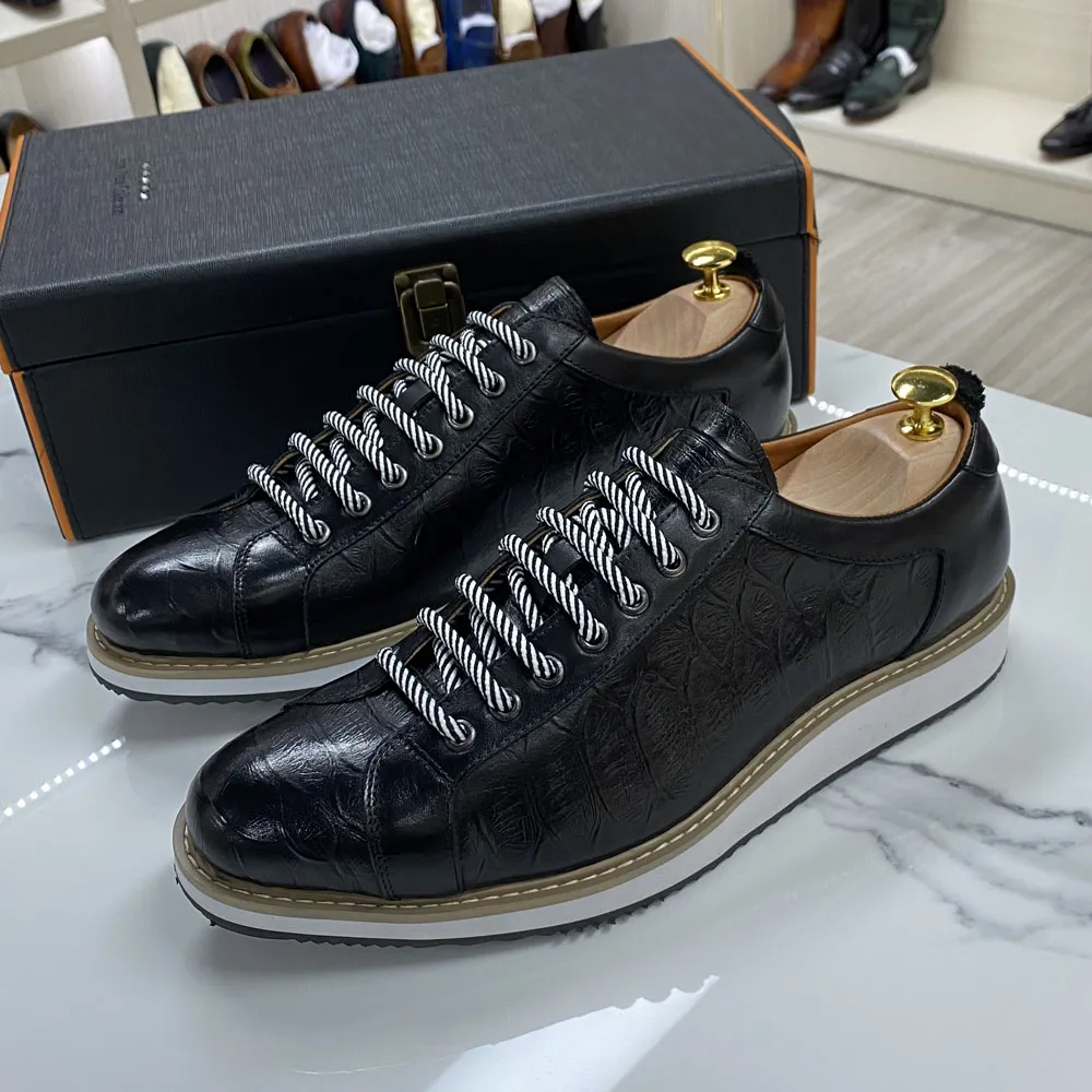 European Style Mens Casual Shoes Real Cow Leather Green Black Fashion Designer Luxury Crocodile Print Street Flat Shoes for Men