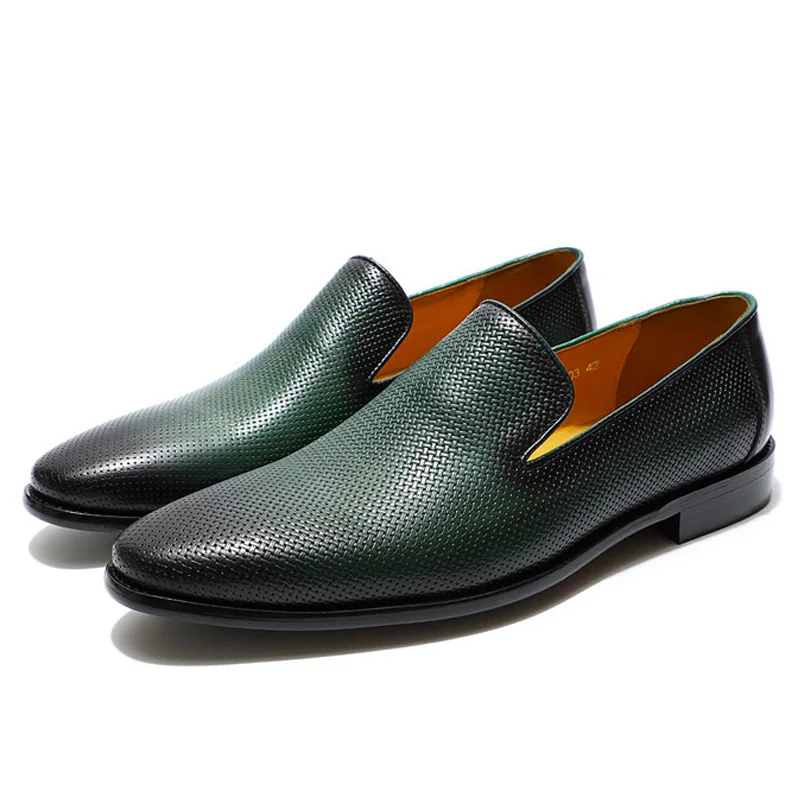 FELIX CHU Italian Mens Loafer Leather Green Casual Dress Shoes Slip-On Genuine Leather Wedding Party Formal Suit Shoe for Men