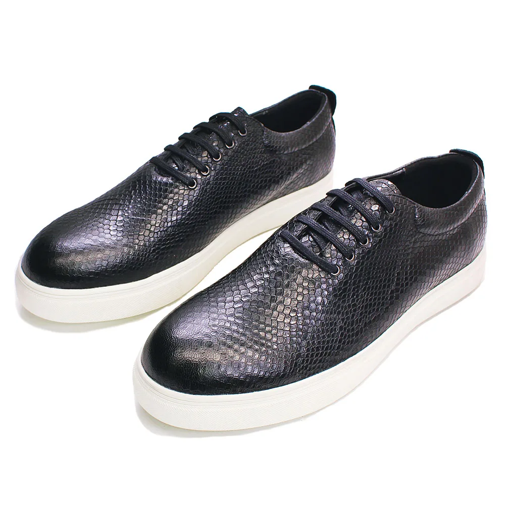 Mens Casual Shoes Calfskin Leather Black Fashion Designer Luxury Snake Print Street Shopping Flat Outdoor Travel Shoes for Men