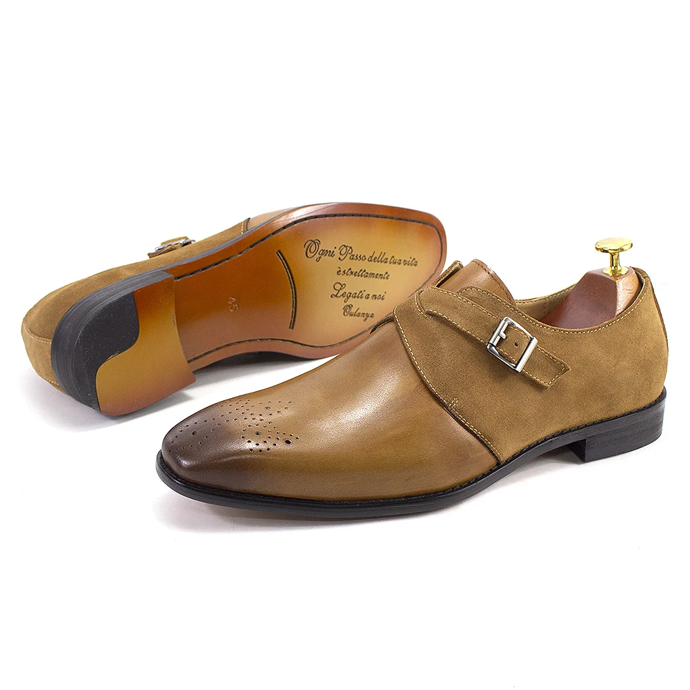FELIX CHU Classic Brand Design Mens Monk Strap Formal Shoes Buckle Oxford Brogue Genuine Leather Suede Wedding Dress Shoes Men