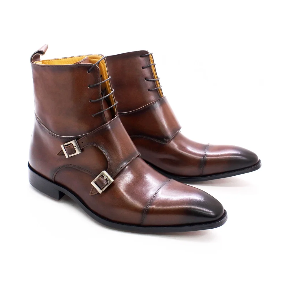 British Style Mens Winter Boots Genuine Calfskin Leather High Top Cap Toe Cowboy Boots Buckle Monk Strap Lace Up Shoes for Men