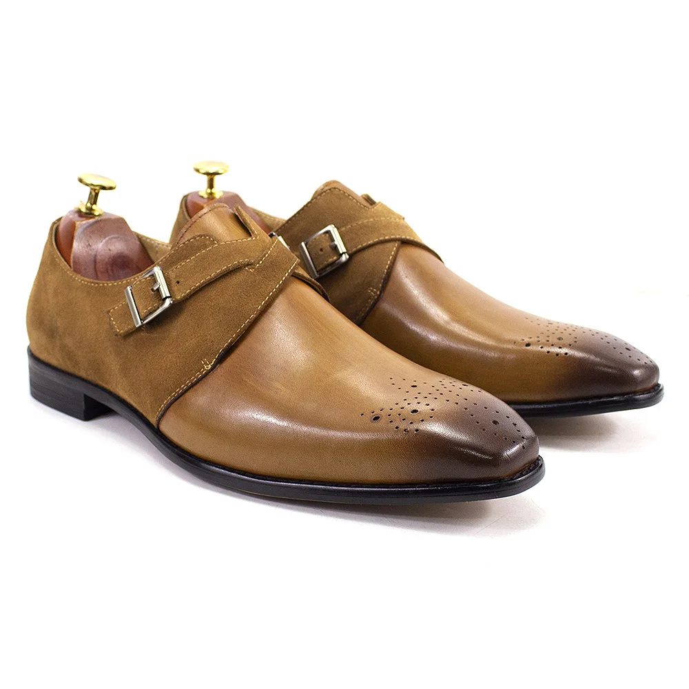 FELIX CHU Classic Brand Design Mens Monk Strap Formal Shoes Buckle Oxford Brogue Genuine Leather Suede Wedding Dress Shoes Men