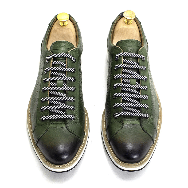 European Style Men's Casual Shoes Real Cow Leather Green Black Fashion Designer Luxury Crocodile Print Street Flat Shoes for Men