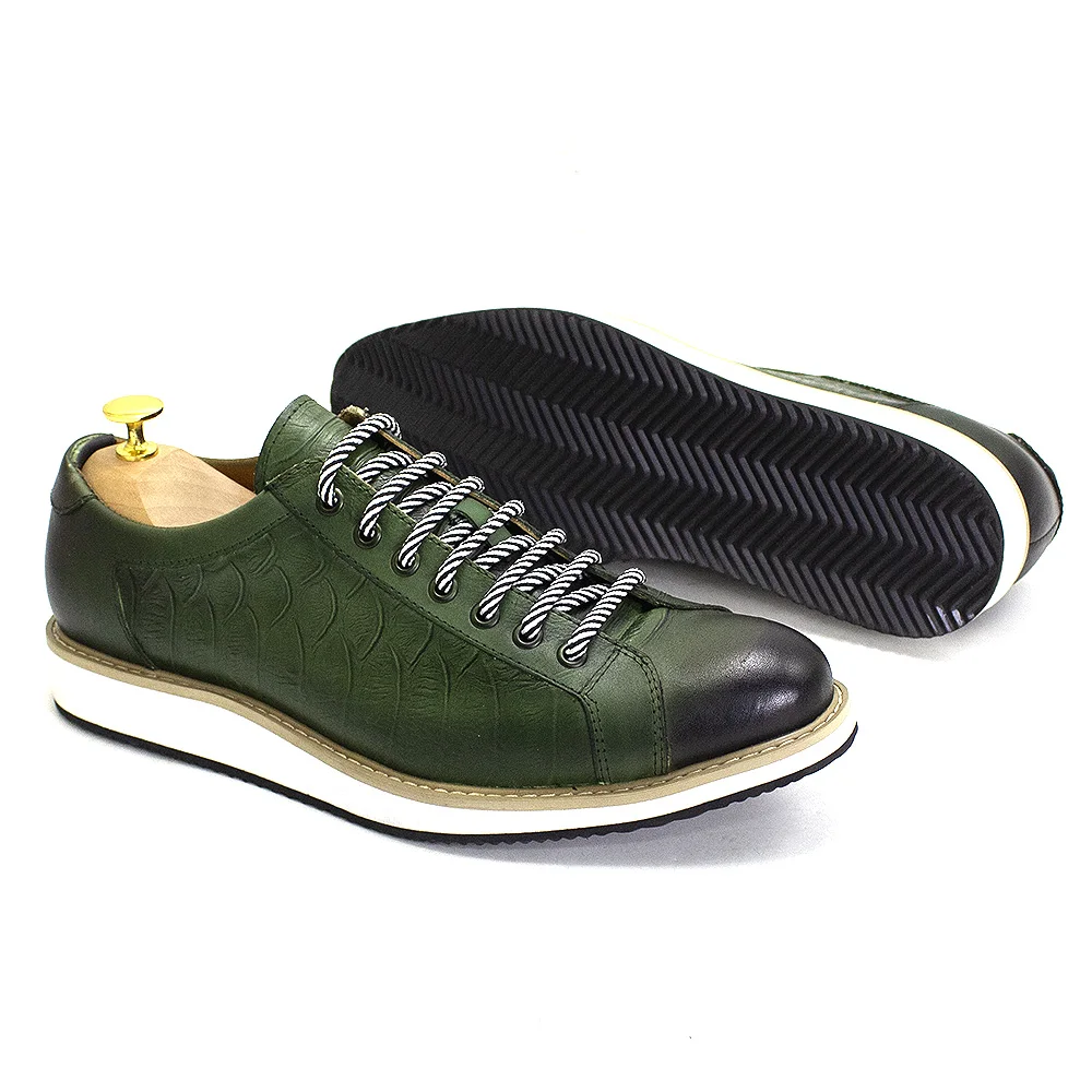 European Style Mens Casual Shoes Real Cow Leather Green Black Fashion Designer Luxury Crocodile Print Street Flat Shoes for Men