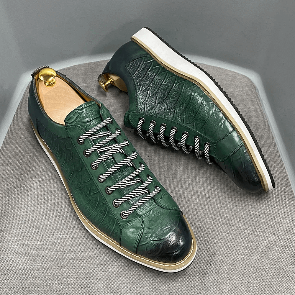European Style Mens Casual Shoes Real Cow Leather Green Black Fashion Designer Luxury Crocodile Print Street Flat Shoes for Men