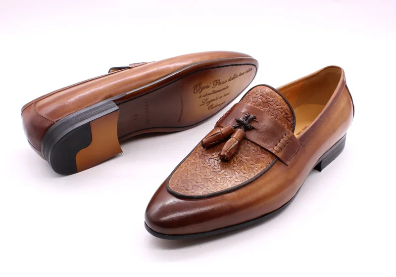 FELIX CHU Mens Tassel Loafers Genuine Leather Luxury Italian Fashion Slip on Dress Shoes Party Wedding Casual Shoes for Men