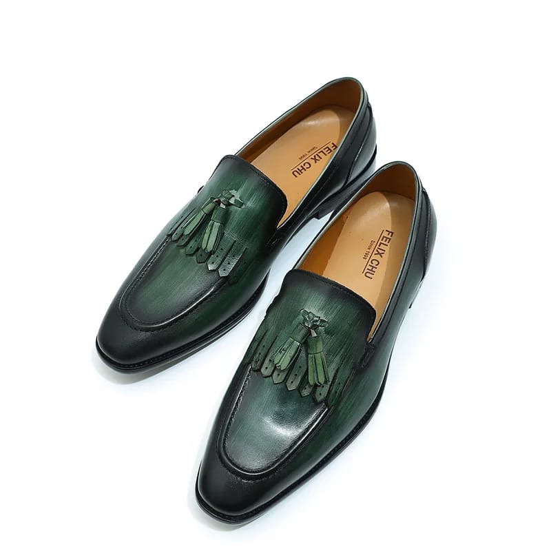 FELIX CHU Autumn Genuine Leather Handmade Black Green Mens Loafers With Tassel Man Dress Shoes Wedding Moccasin Party Footwear