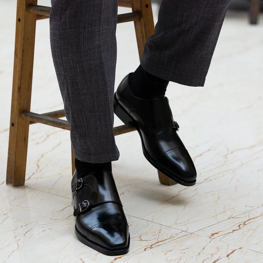 Luxury Mens Double Buckle Monk Strap Formal Shoes Genuine Leather Classic Cap Toe Business Office Wedding Dress Shoes for Men