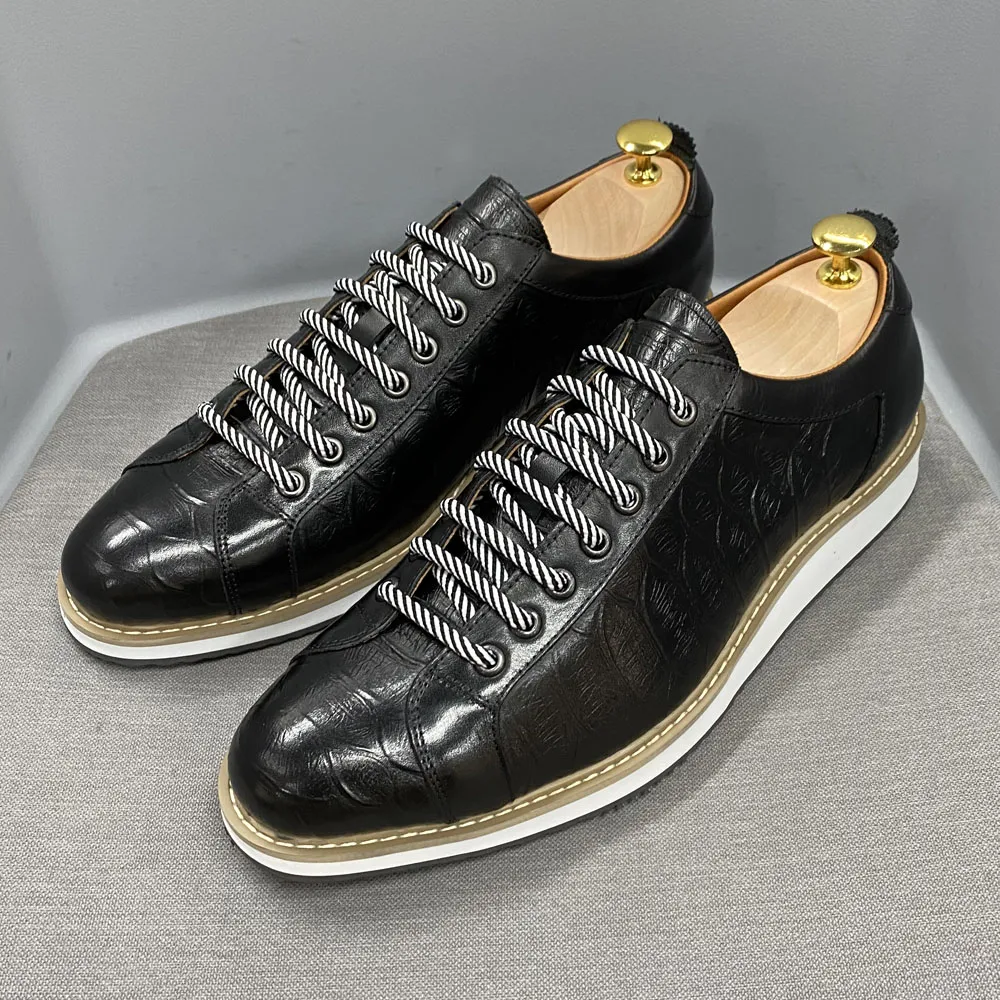 European Style Mens Casual Shoes Real Cow Leather Green Black Fashion Designer Luxury Crocodile Print Street Flat Shoes for Men