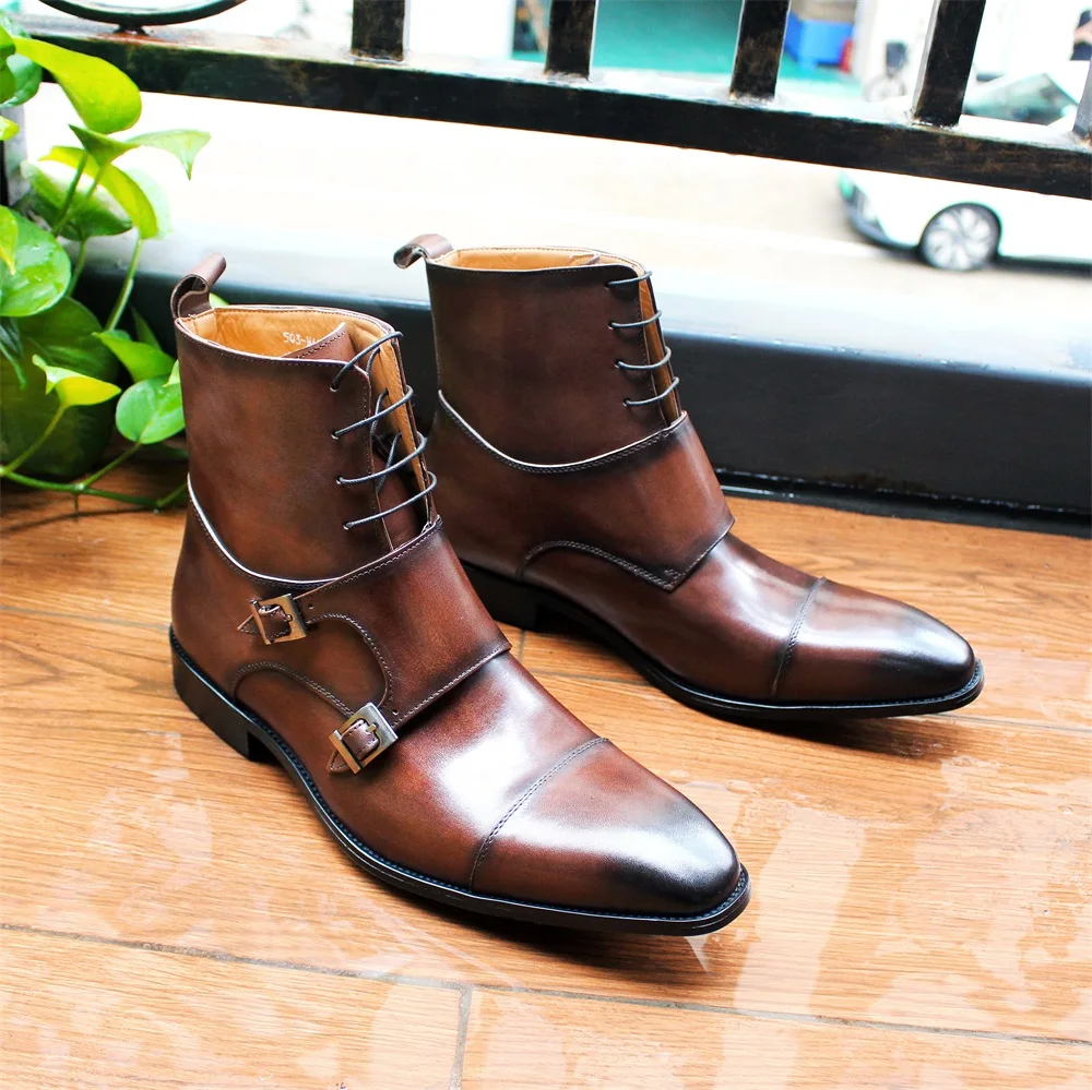 British Style Mens Winter Boots Genuine Calfskin Leather High Top Cap Toe Cowboy Boots Buckle Monk Strap Lace Up Shoes for Men