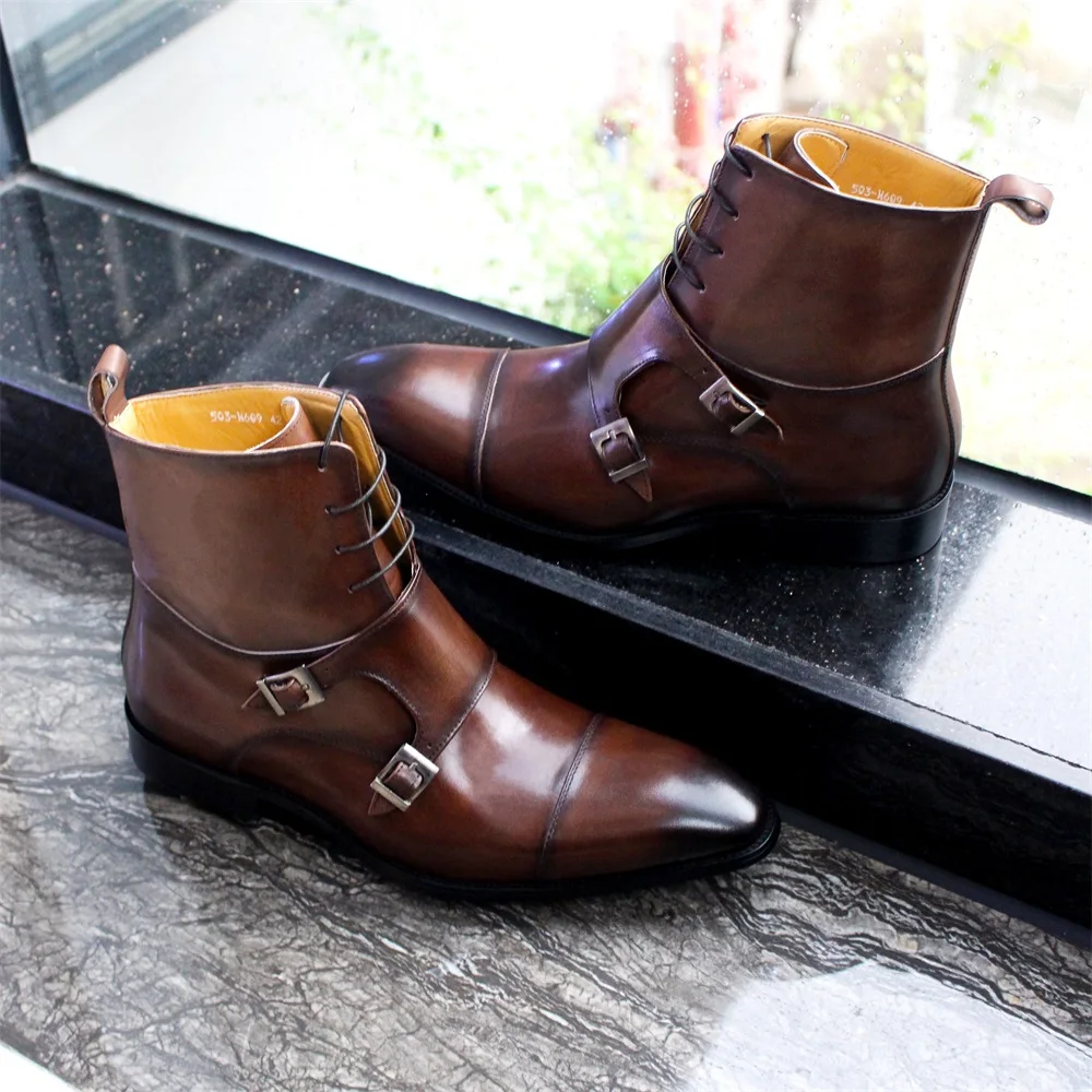 British Style Mens Winter Boots Genuine Calfskin Leather High Top Cap Toe Cowboy Boots Buckle Monk Strap Lace Up Shoes for Men