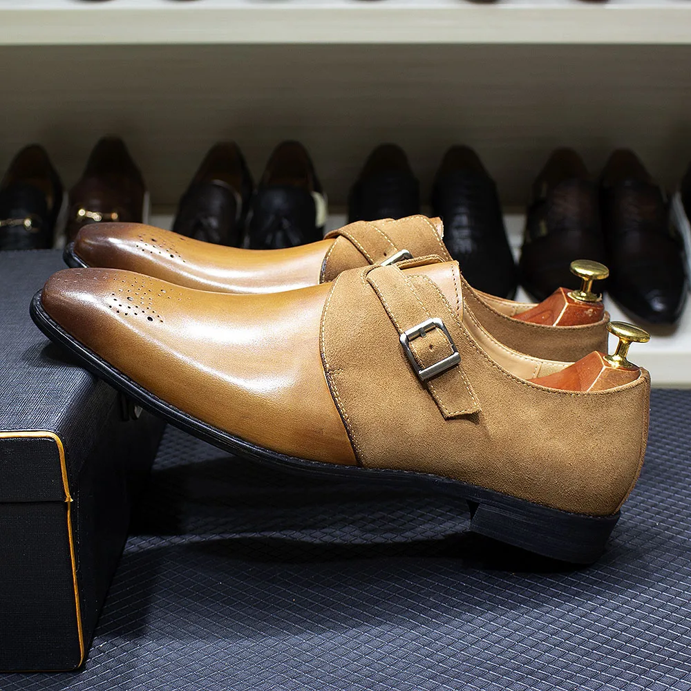 FELIX CHU Classic Brand Design Mens Monk Strap Formal Shoes Buckle Oxford Brogue Genuine Leather Suede Wedding Dress Shoes Men