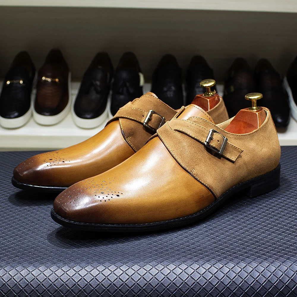 FELIX CHU Classic Brand Design Mens Monk Strap Formal Shoes Buckle Oxford Brogue Genuine Leather Suede Wedding Dress Shoes Men