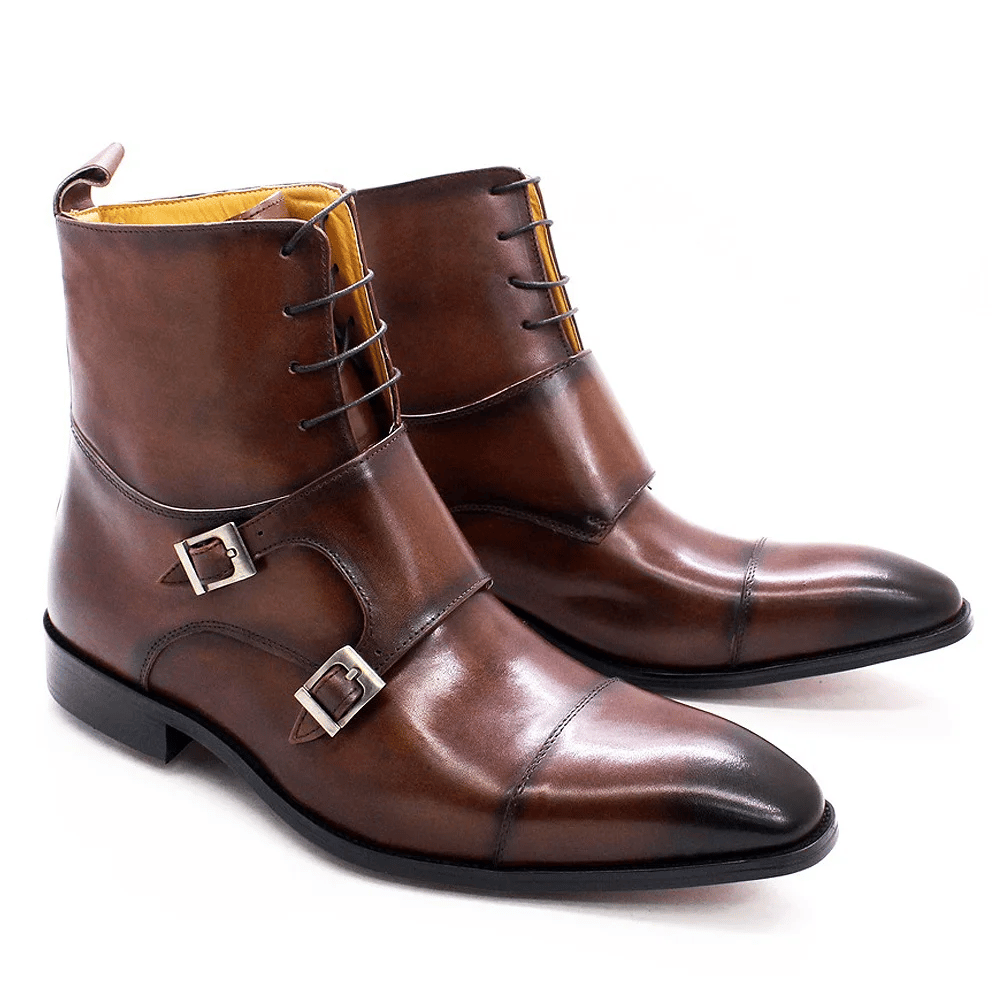 British Style Men's Winter Boots Genuine Calfskin Leather High Top Cap Toe Cowboy Boots Buckle Monk Strap Lace Up Shoes for Men
