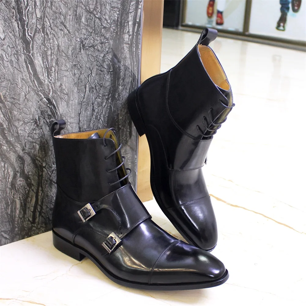 British Style Mens Winter Boots Genuine Calfskin Leather High Top Cap Toe Cowboy Boots Buckle Monk Strap Lace Up Shoes for Men