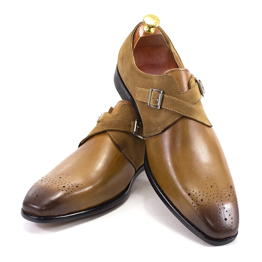 FELIX CHU Classic Brand Design Mens Monk Strap Formal Shoes Buckle Oxford Brogue Genuine Leather Suede Wedding Dress Shoes Men
